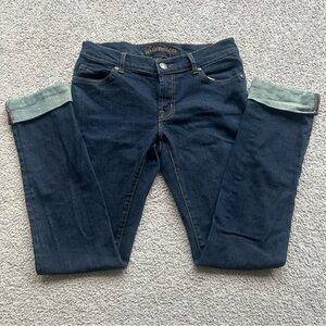 BLUENOTES jeans, size 27 on tag, darker blue, rolled up ankle cuff. Zipper front